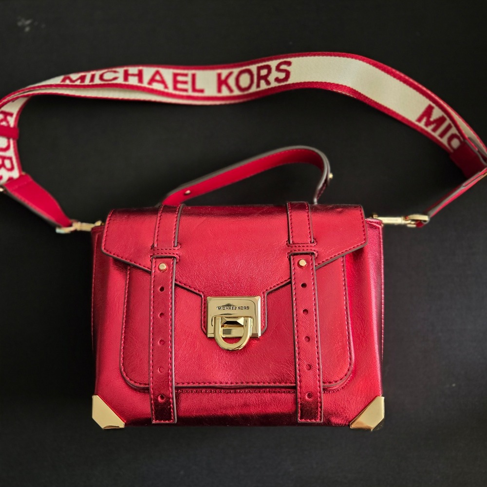 Michael Kors Manhattan Crimson Red Metallic Leather Satchel Bag 35H3GNCS6M